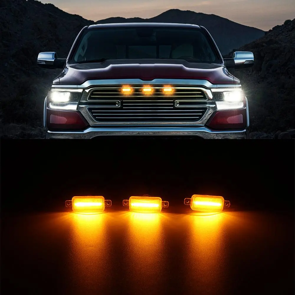 (3Pcs/Set)  Led Front Grille Lights Raptor Style Amber Light Fit For Dodge Ram 1500 2500 3500 (Amber Shell/ Smoked Shell） 1