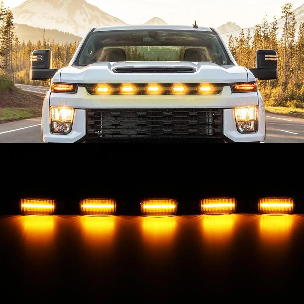 (5Pcs/Set)  Led Front Grille Lights Raptor Style Amber Light Fit For Chevrolet Silverado 2500Hd 2020-2021 1
