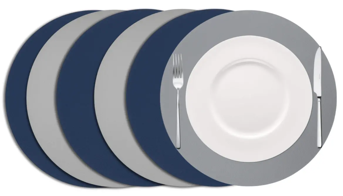 Cookinglife Placemats - Dubbelzijdig - Vegan Leer - Grijs / Blauw Ø 38 Cm - 6 Stuks 1