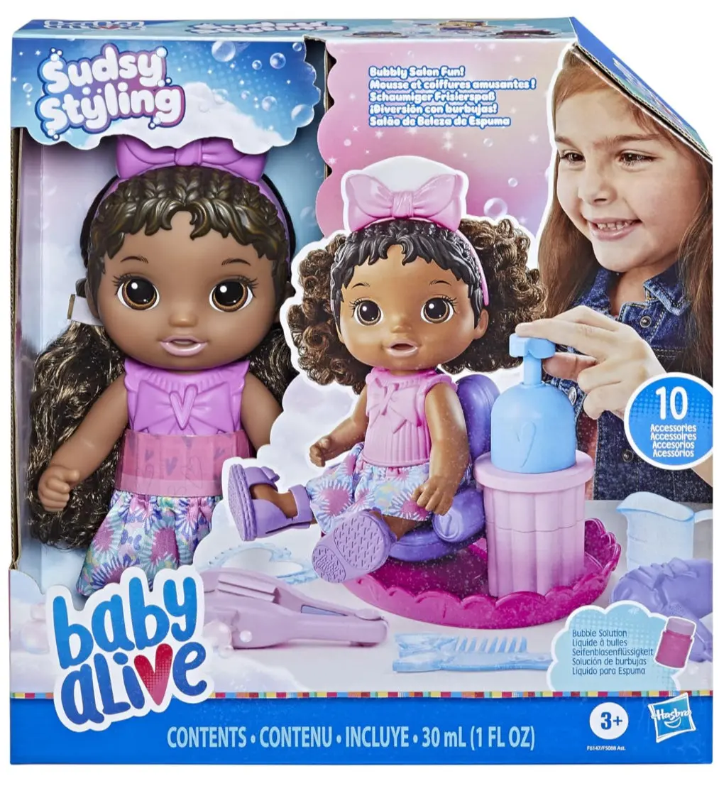 Baby Alive Sudsy Styling Doll, Black Hair, Includes 12- Inch, Salon Chair 1