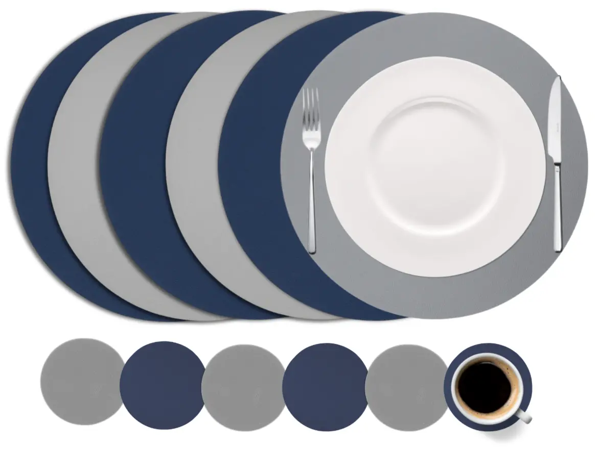 Cookinglife 6 Placemats + 6 Onderzetters - Dubbelzijdig - Rond - Vegan Leer - Blauw / Grijs 1