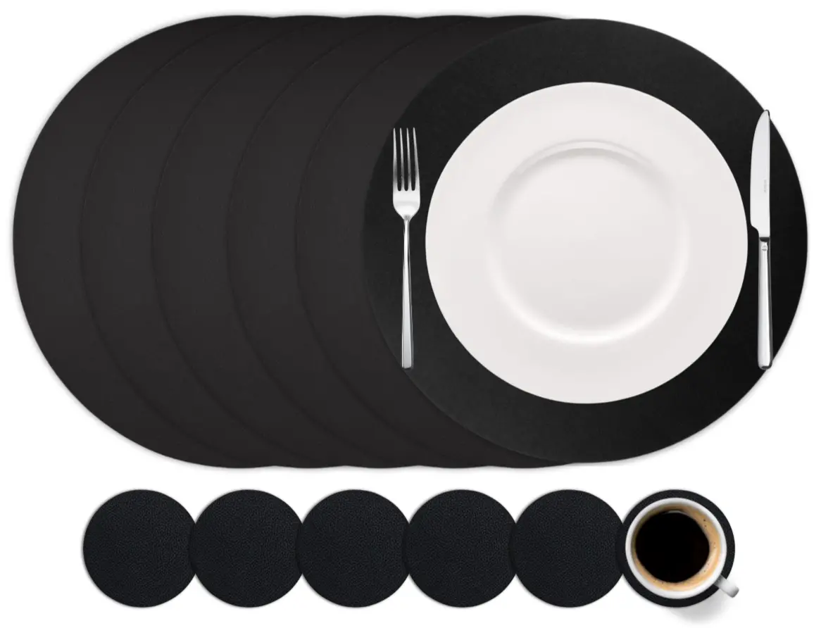 Cookinglife 6 Placemats + 6 Onderzetters - Rond - Vegan Leer - Zwart 1