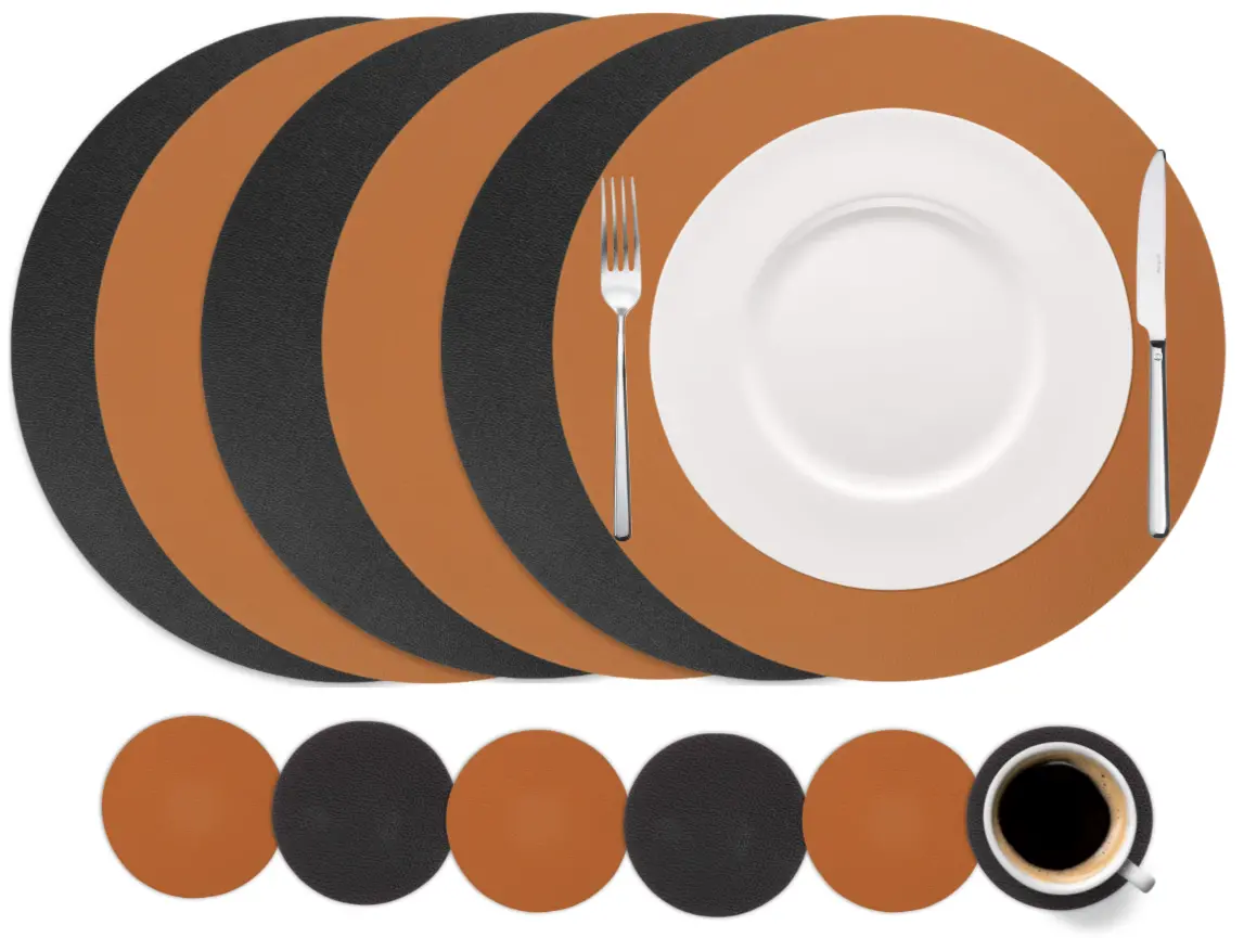 Cookinglife 6 Placemats + 6 Onderzetters - Dubbelzijdig - Rond - Vegan Leer - Zwart / Cognac 1