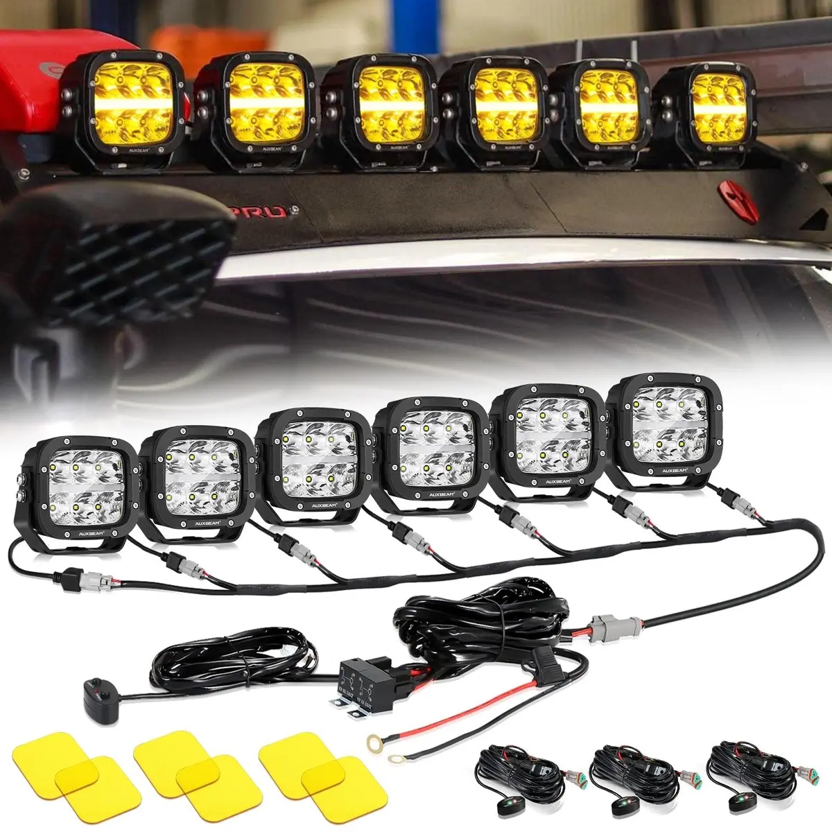 6/8Pcs 5 Inch 132W Amber Drl Led Pod Lights With Power Harness 1