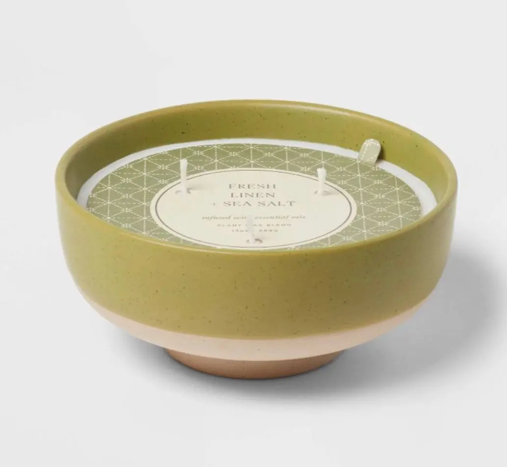 3 Wick Textured Ceramic Fresh Linen + Sea Salt Footed Jar Candle 1
