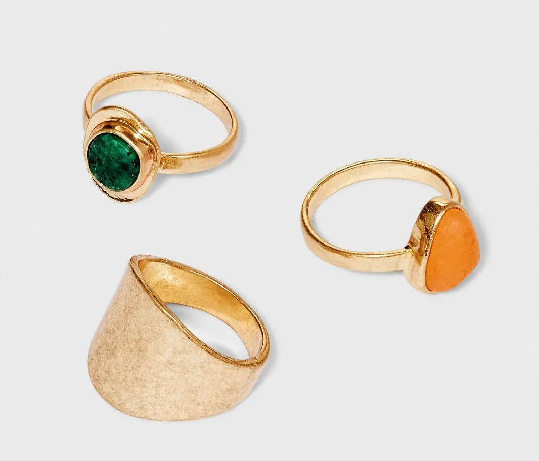 Worn Gold Semi Precious Turquoise & Aventurine Trio Ring Set - 3Pc 1