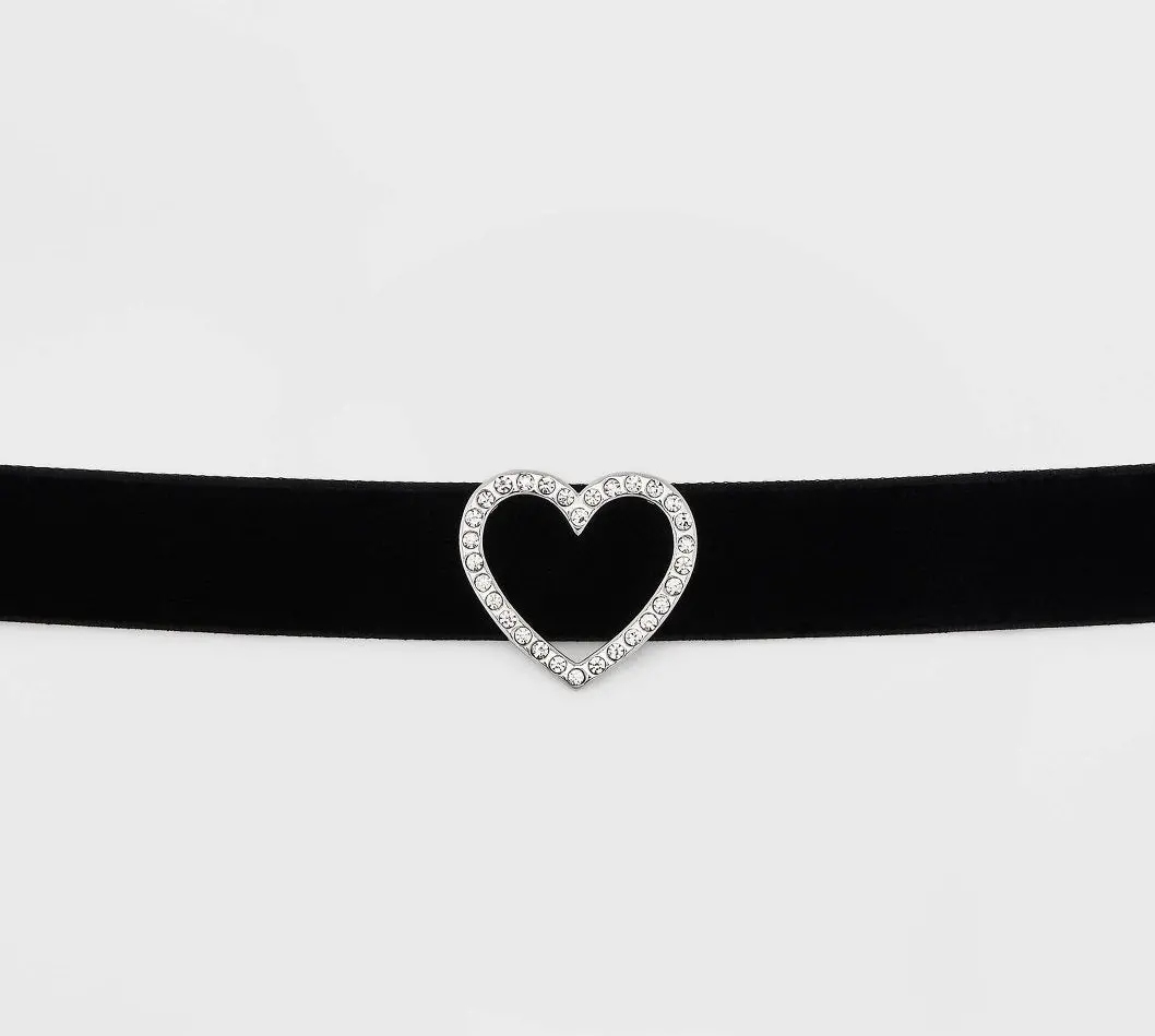 Pave Heart With Wide Trim Cubic Zirconia Choker - Black 1