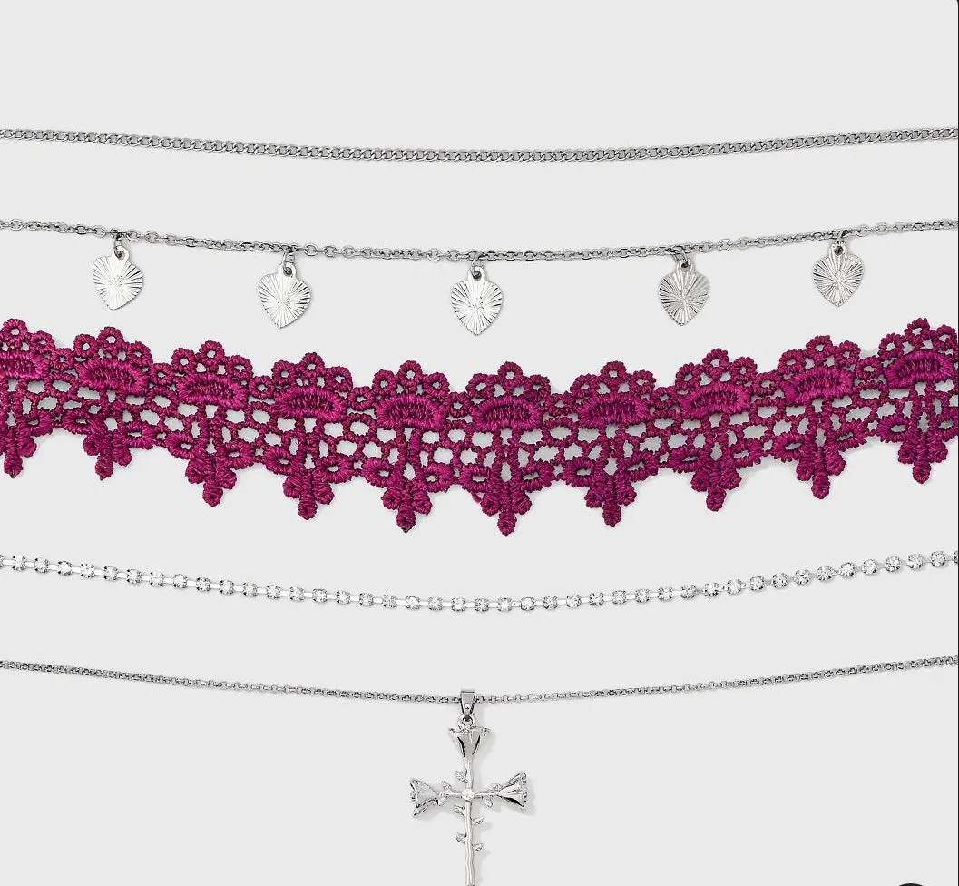 Lace Heart And Rose Cross Choker Necklace Set 5Pc 1