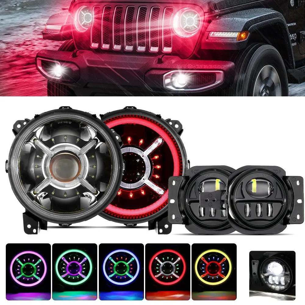 9'' Round Rgb Led Headlights Bluetooth Control With Drl & 4'' 30W Led Fog Lights With Adapter Ring For Jeep Wrangler Jl 2018-2019 1