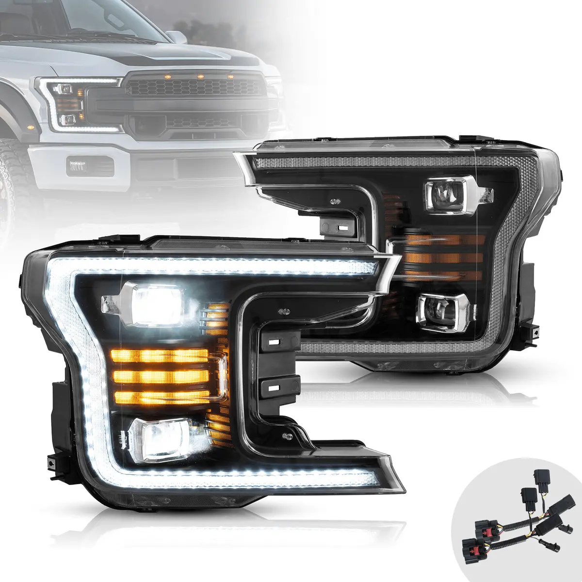 Led Headlight Assembly Dual Beam Projector Black For 2018-2020 Ford F150 13Th Gen 1