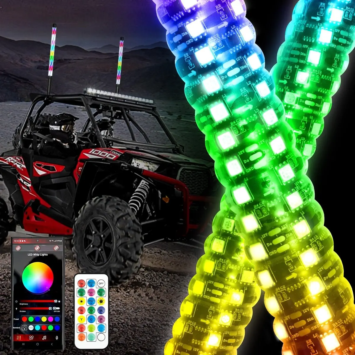 New 2.2Ft Led Rgb Whip Lights With Turn Signal & Brake Light, Bluetooth App/ Remote Control 1