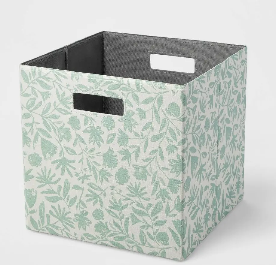 13" × 13" Fabric Bin Light Green Monochrome Floral 1