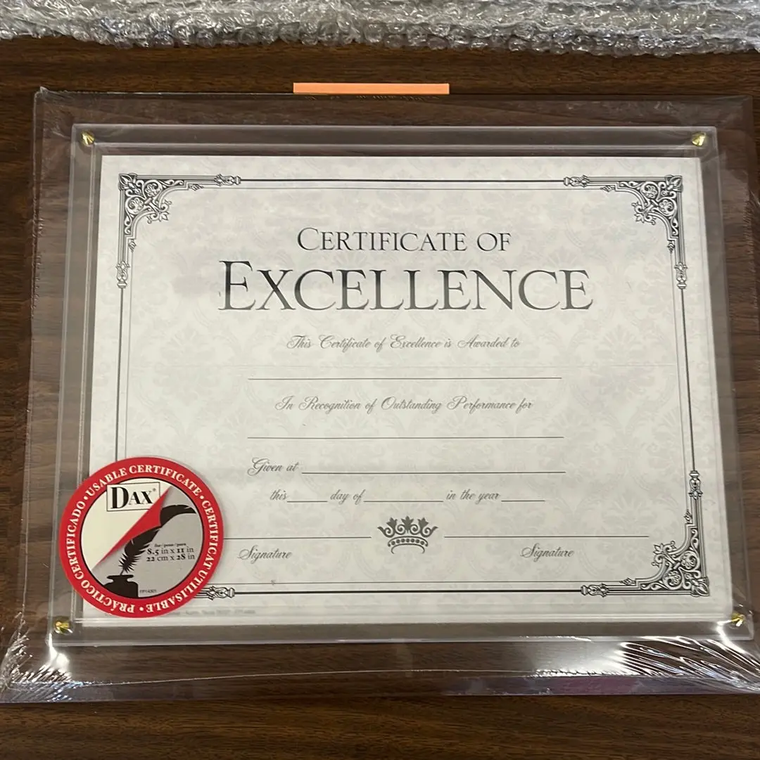 8.5“ X 11“ Certificate Of Excellence Award Plaque With Acrylic Cover ￼ 1