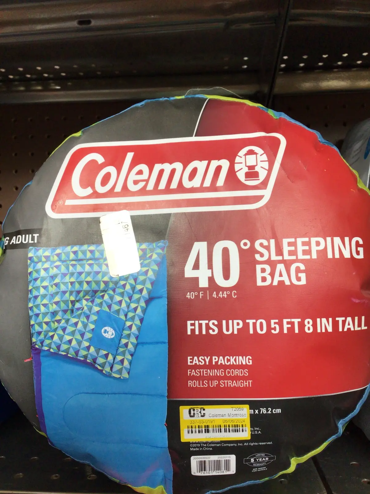 Coleman 40 Degree Young Adult Sleeping Bag Montrose Blue Geometric Camping 1
