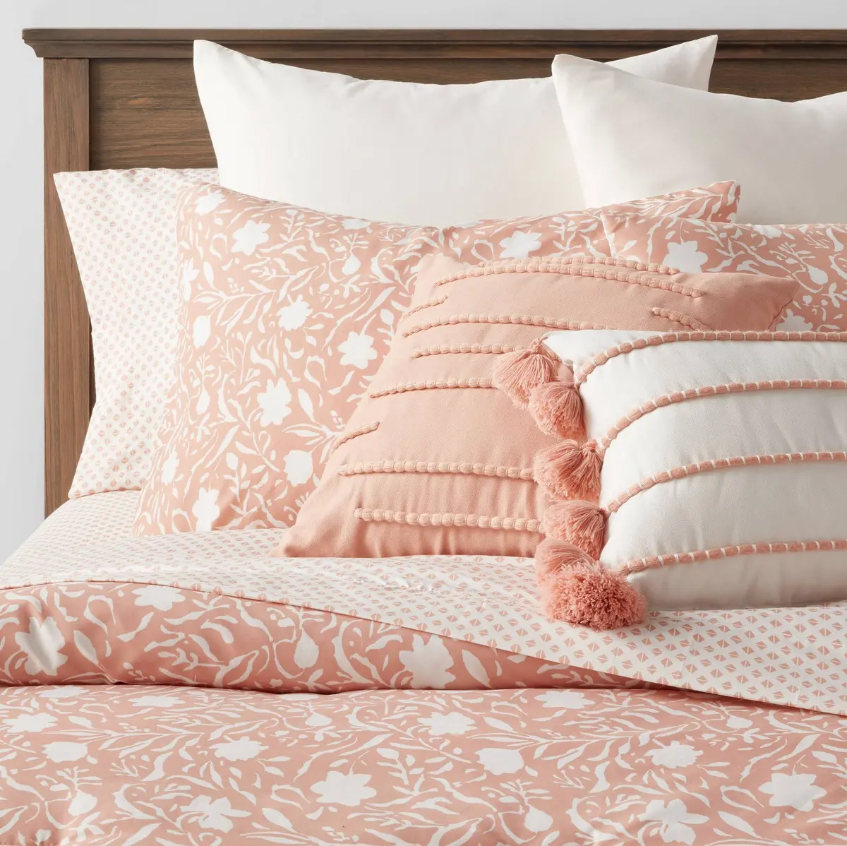 12Pc Queen Floral Boho Comforter & Sheets  Set - Terracotta Pink 1