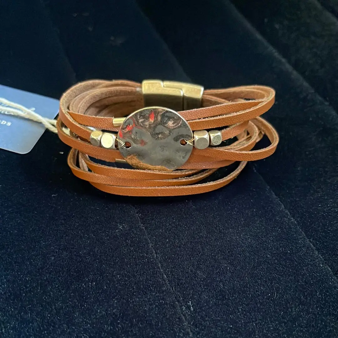 Brown Leather And Disc Magnetic Wrap Multi Strand Bracelet 1