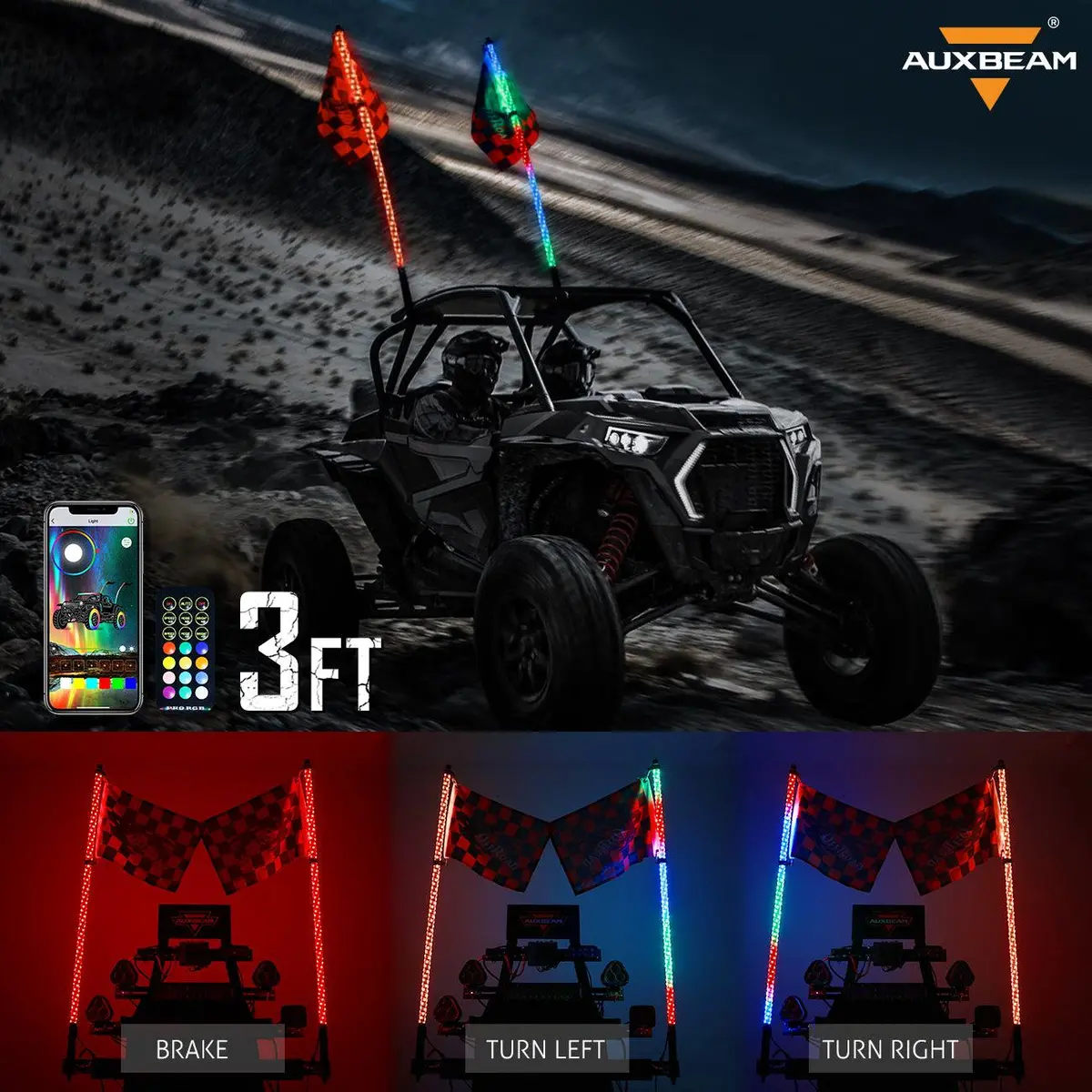 3Ft/4Ft Led Rgb Whip Lights With Bluetooth/ Remote Controlled & Red Universal Flagpole Light Mount For All Utvs With 1.75" To 2" Roll Cage 3