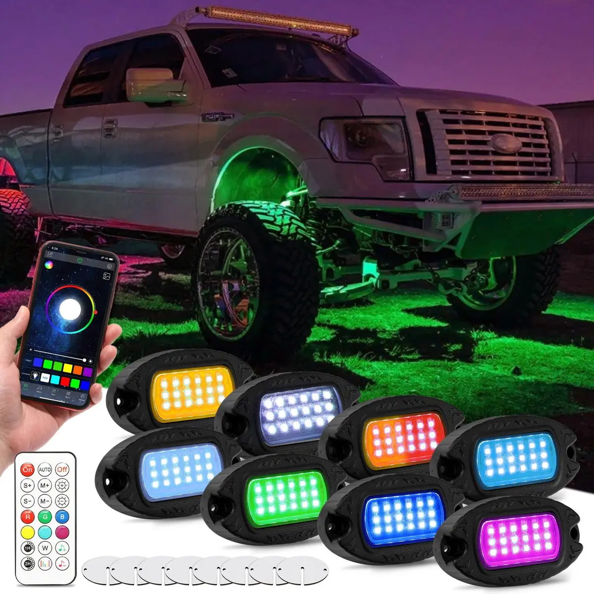 Rgb Led Rock Lights Kit With Bluetooth App & Wireless Remote Control, Multicolor Neon Underglow Lights With Brake Light Function For Atv Utv 1