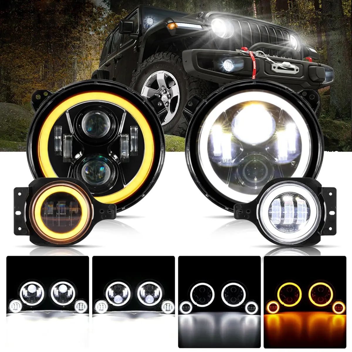9'' Led Halo Headlights & 4'' 30W Led Fog Lights With White Drl+Amber Turn Signal For Jeep Wrangler Jl 2018-2020 1
