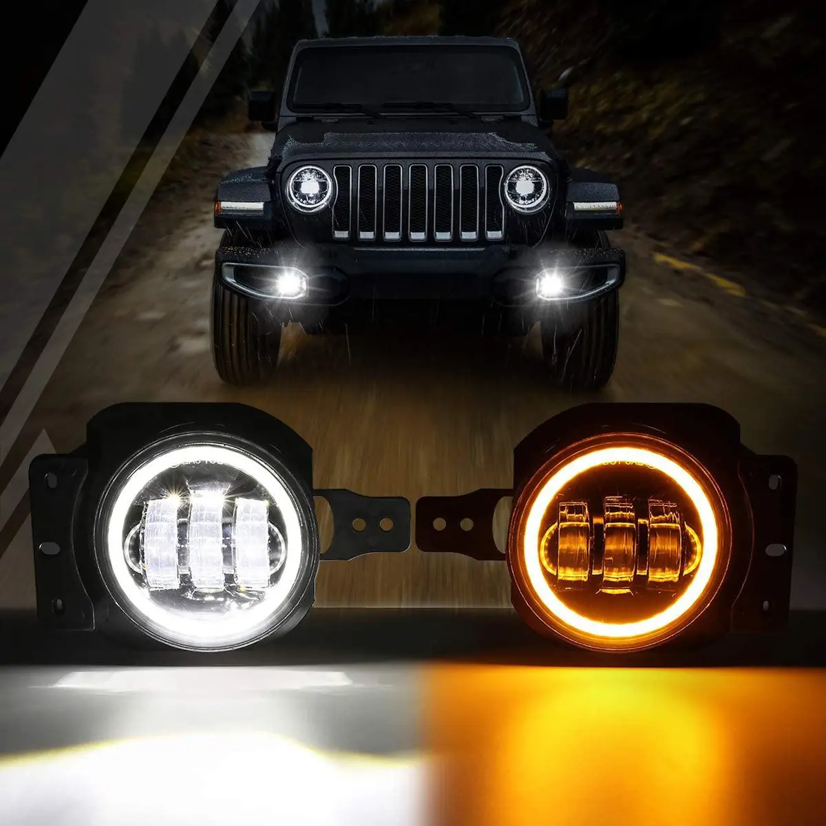 (2Pcs/Set) 4 Inch 30W Round Led Fog Lights With Drl&Amber Turn Signal For Jeep Wrangler Jl Jlu 2018 2019 2020 1