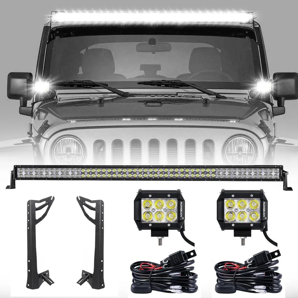 52" Straight Led Light Bar & 4" Led Pods & 2 In 1 Design Windshield Mounting Brackets For Jeep Wrangler Jk 2007~2017 1