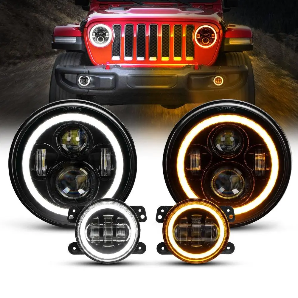 7 Inch Led Headlights + 4 Inch Led Fog Lights Set With Halo Drl Turn Signal High Low Beam For Jeep Wrangler Jk Jku Tj Lj Rubicon Sahara Unlimited 1997-2018 1