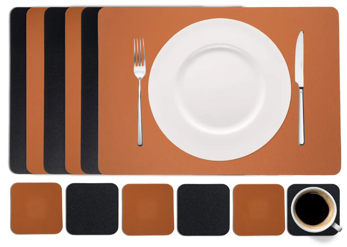 Cookinglife 6 Placemats + 6 Onderzetters - Dubbelzijdig - Vegan Leer - Zwart / Cognac 1
