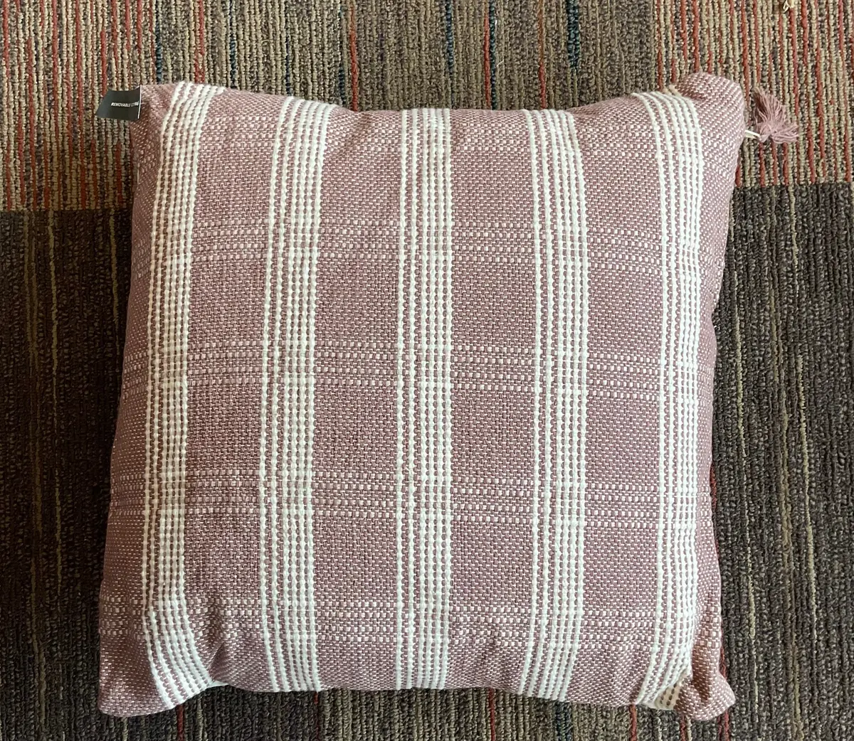 Square Pink/White Striped Knitted Throw Pillow 1