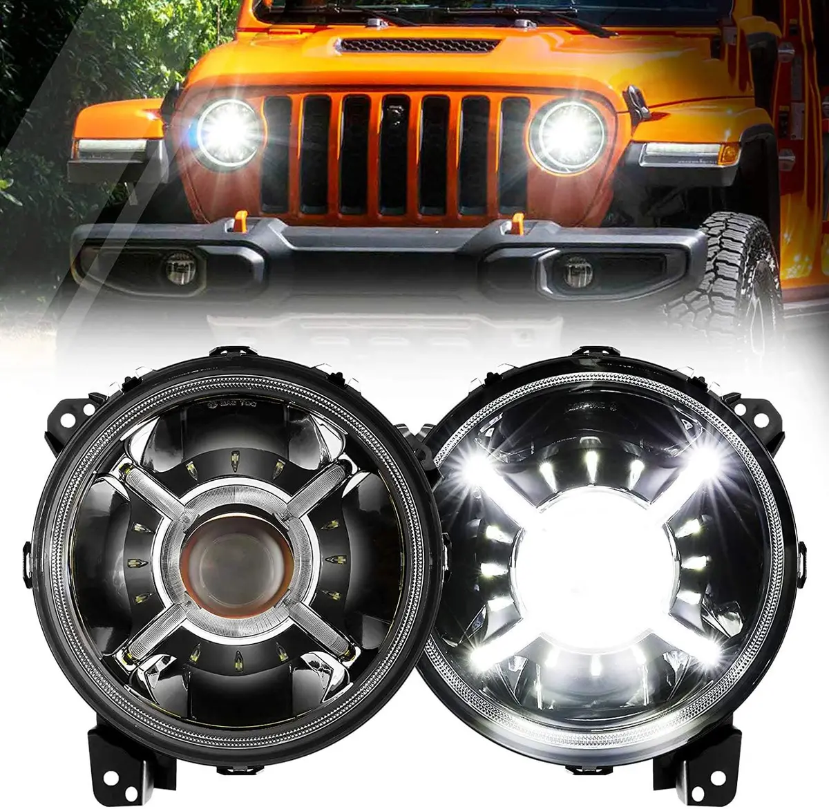(2Pcs/Set) 9'' Round  100W Led Light With Hi-Lo Beam & Drl For 2018-2022 Jeep Wrangler Jl, 2019-2022 Gladiator Jt 1