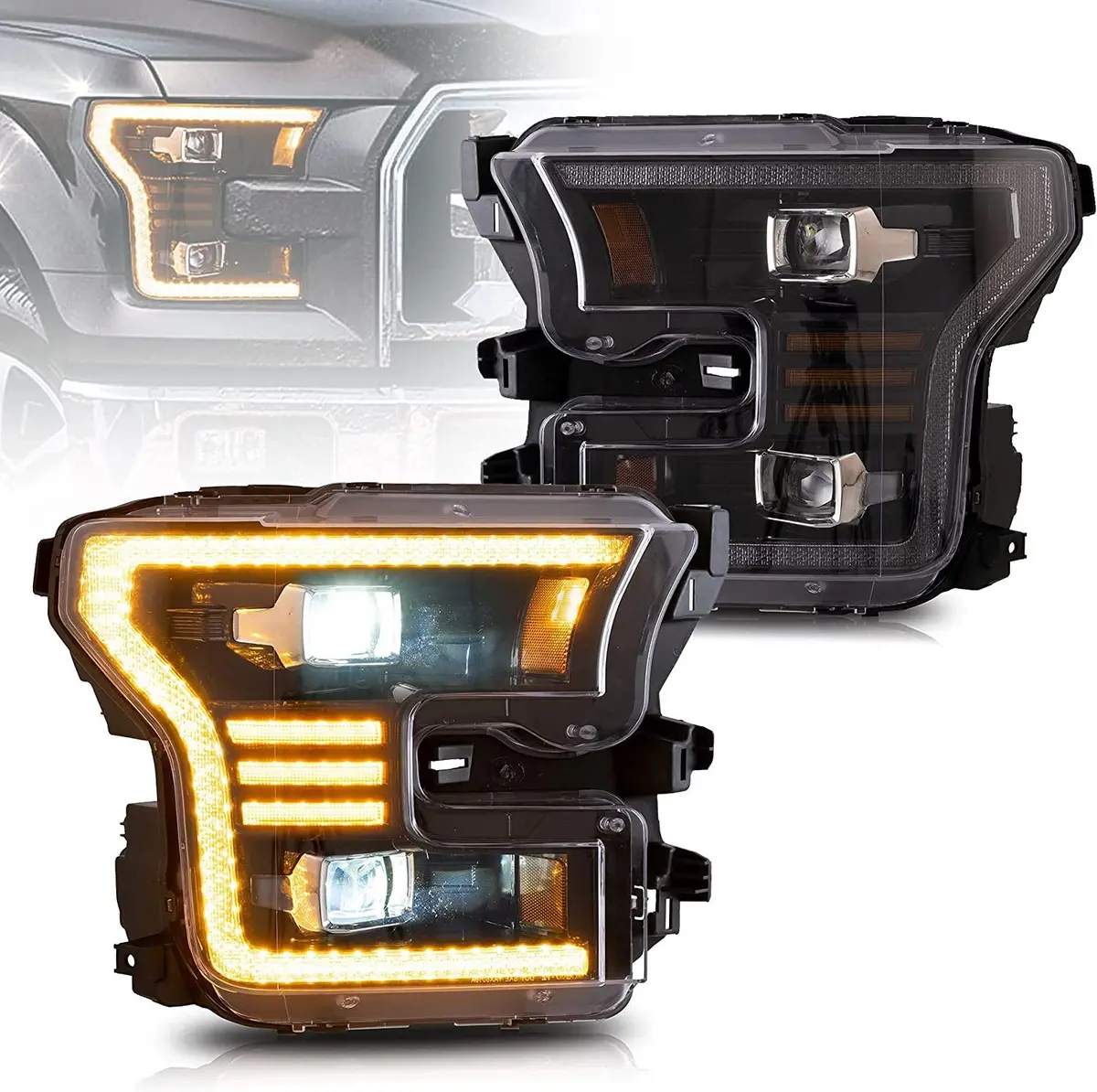 Led Headlight Assembly Dual Beam Projector Black For 2015-2017 Ford F150 (Fit Factory Halogen Version Only) 1