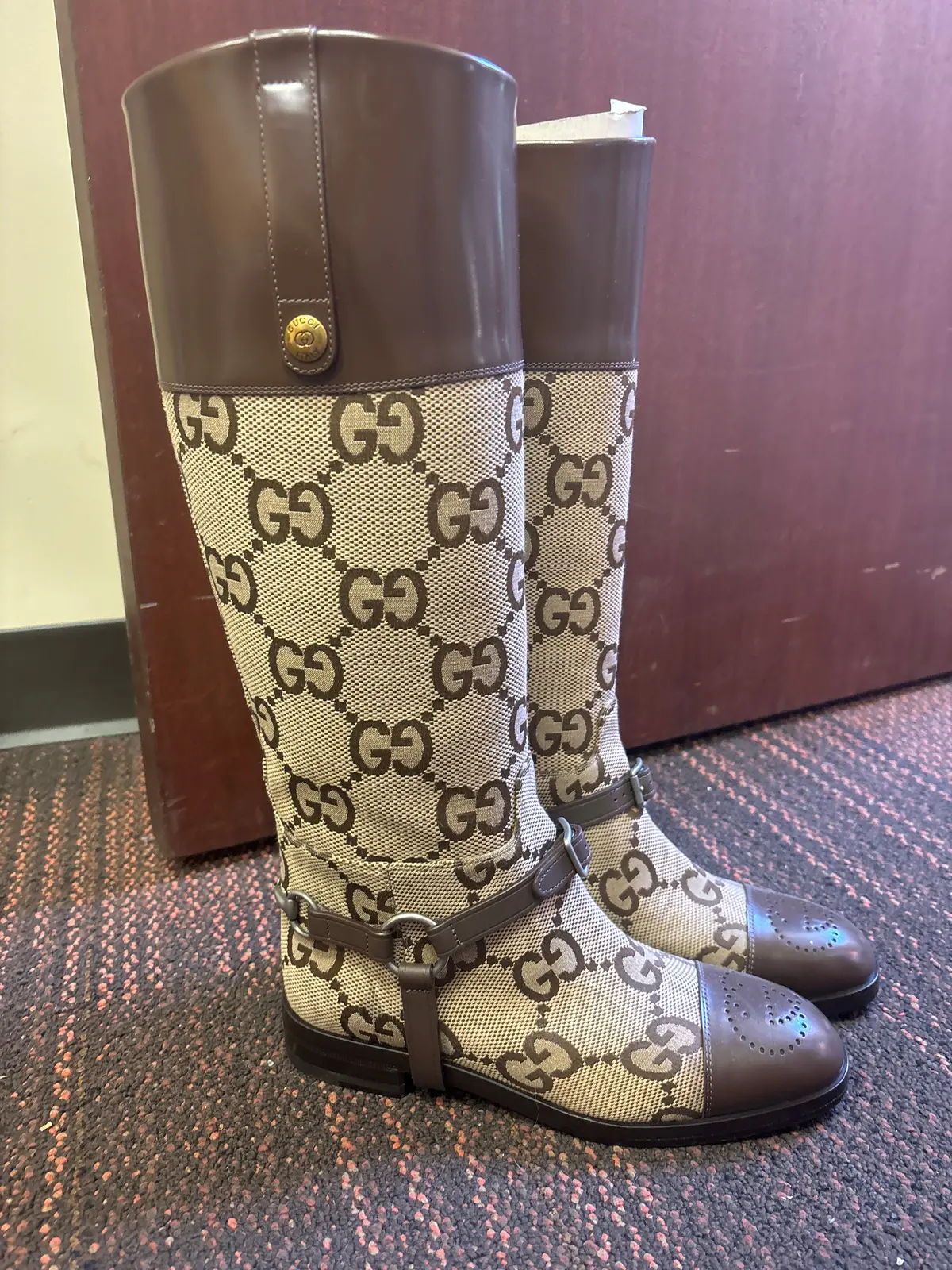 Ladies Gucci Gg Knee-High Round Toe Boots - Brown - Size Eu 38 1/2 - Out Of Box 1