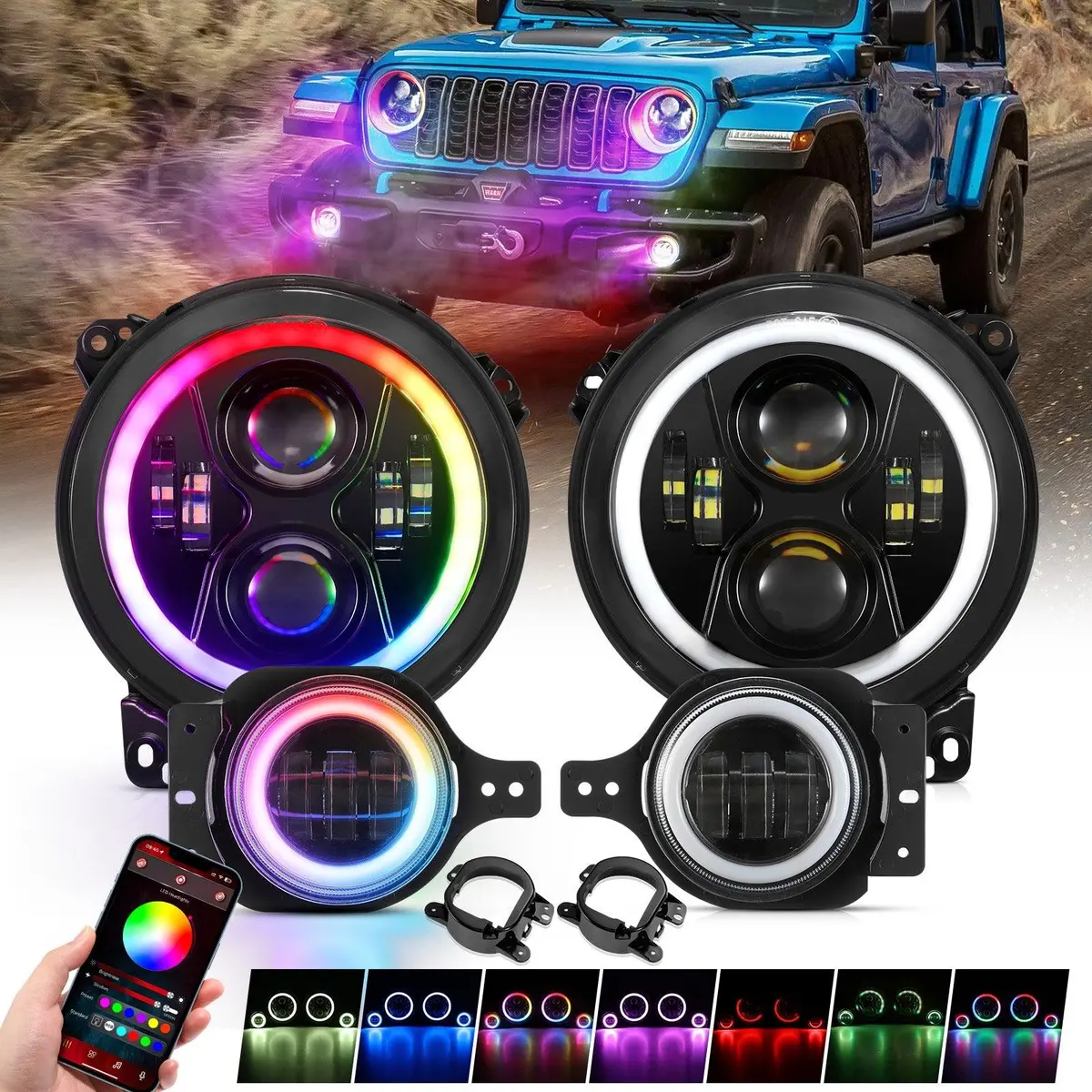 Upgraded Rgb 9 Inch Headlights + 4 Inch Fog Lights Combo For Jeep Wrangler Jl With App Control 1