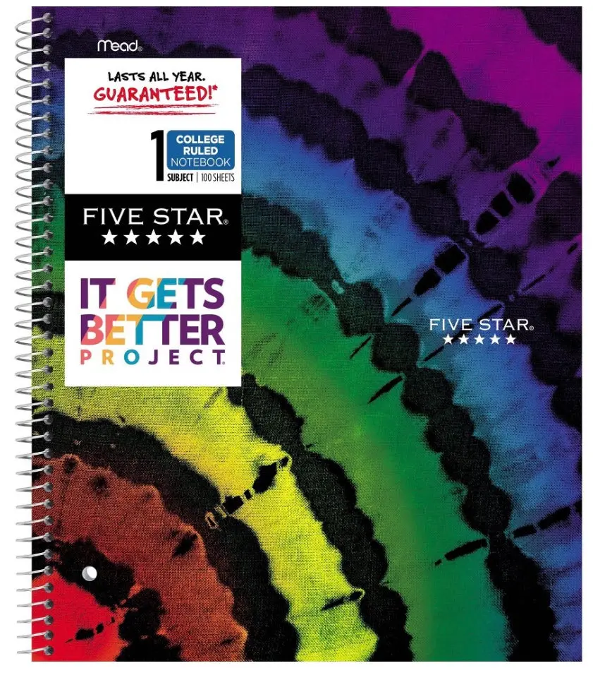 Five Star College Ruled 1 Subject Spiral Notebook - Tie Dye 1