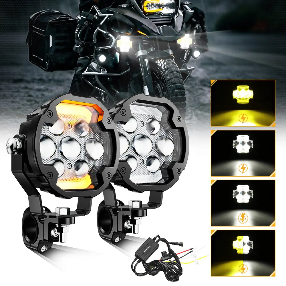 🆕4.2 Inch Motorcycle Auxiliary Led Spotlight, 72W Ax7 Series Dual Color Switchback Driving Fog Light With 3+4 Modes For Motorcycle Jeep Suv Atv Truck | 2Pcs/Set 1