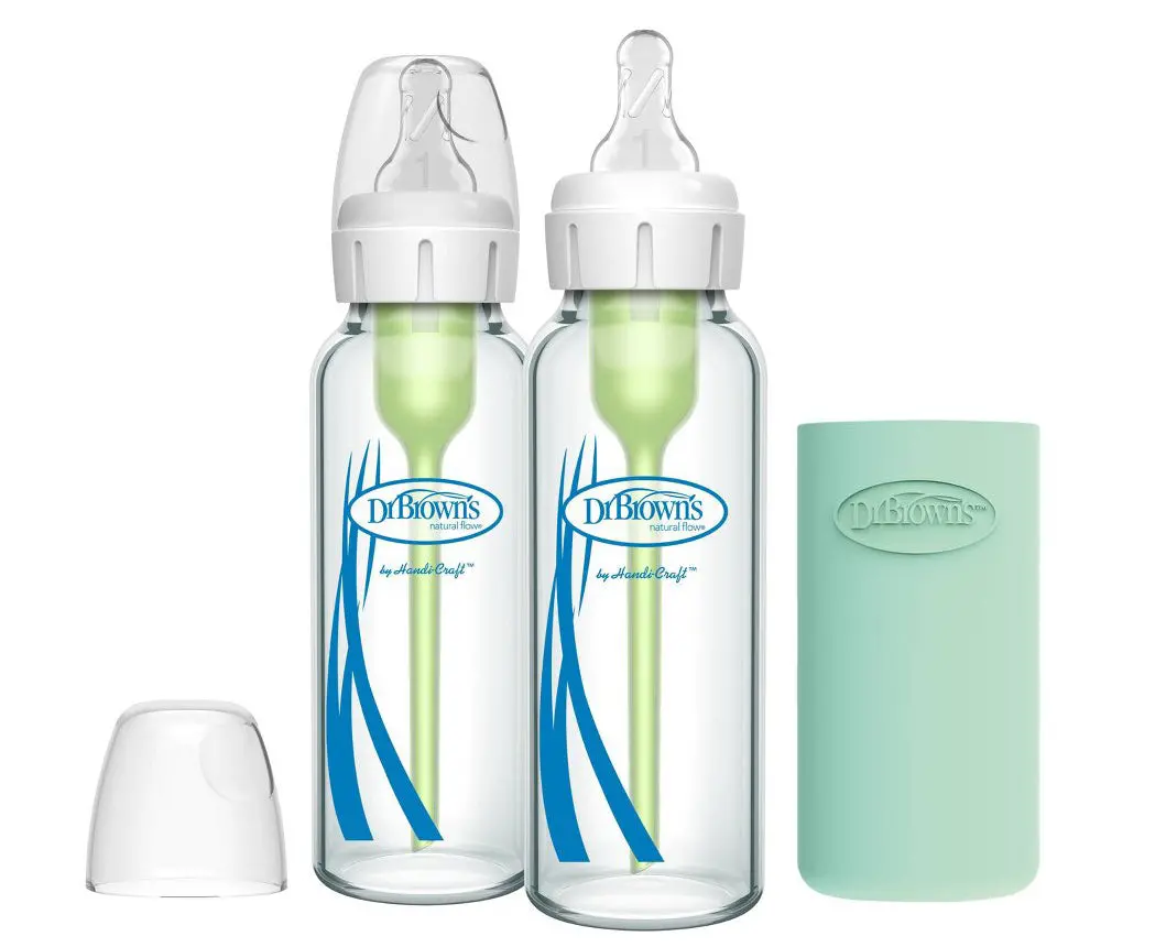 Anti-Colic Options + Narrow Glass Baby Bottle With Level 1 Slow Flow Nipple & Silicone Sleeve - 2Pk 1