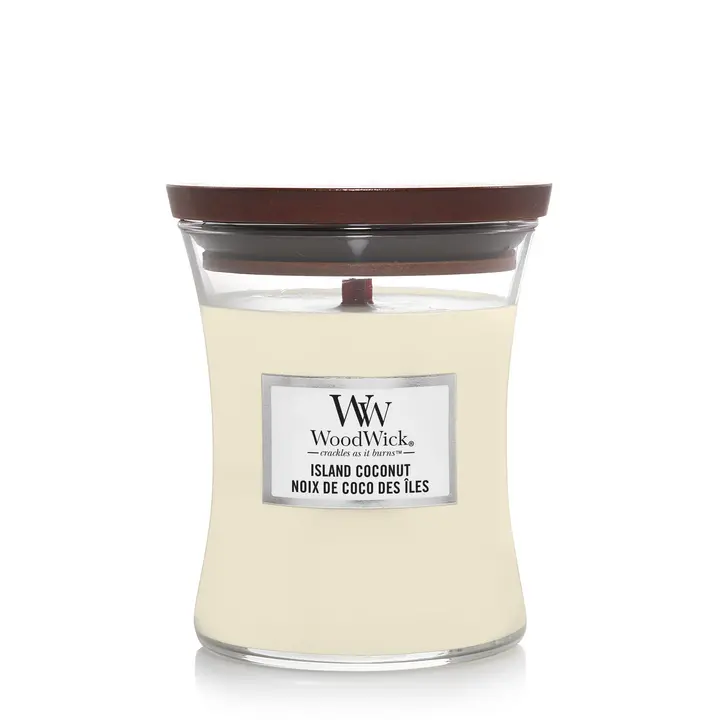 Woodwick Geurkaars Medium Island Coconut - 11 Cm / Ø 10 Cm - Geurkaars In Glas - Houten Lont 1