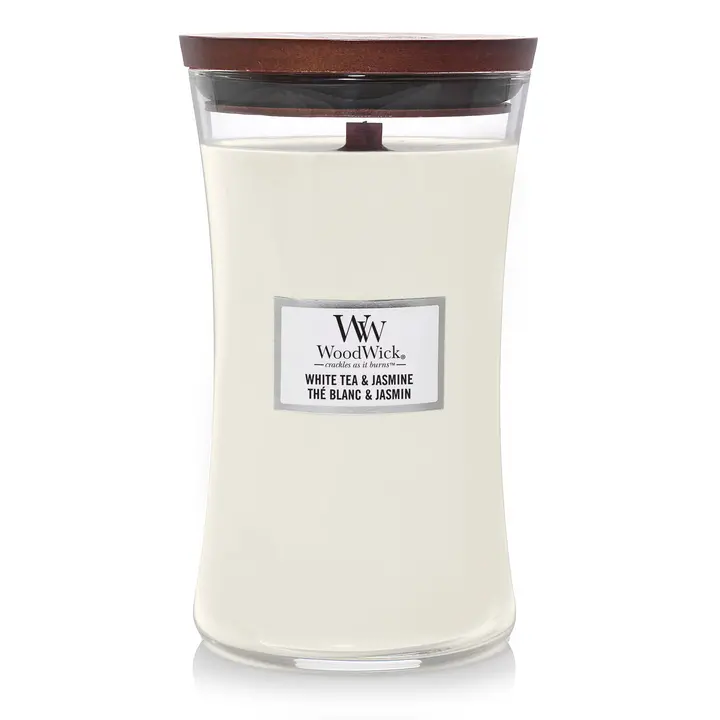 Woodwick Geurkaars Large White Tea & Jasmine - 18 Cm / Ø 10 Cm - Geurkaars In Glas - Houten Lont 1
