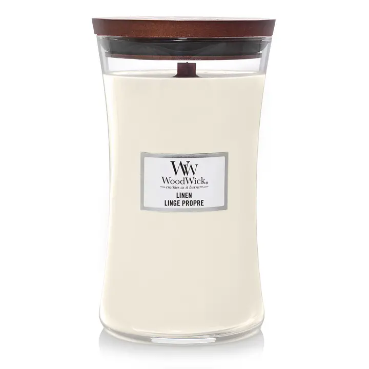 Woodwick Geurkaars Large Linen - 18 Cm / Ø 10 Cm - Geurkaars In Glas - Houten Lont 1