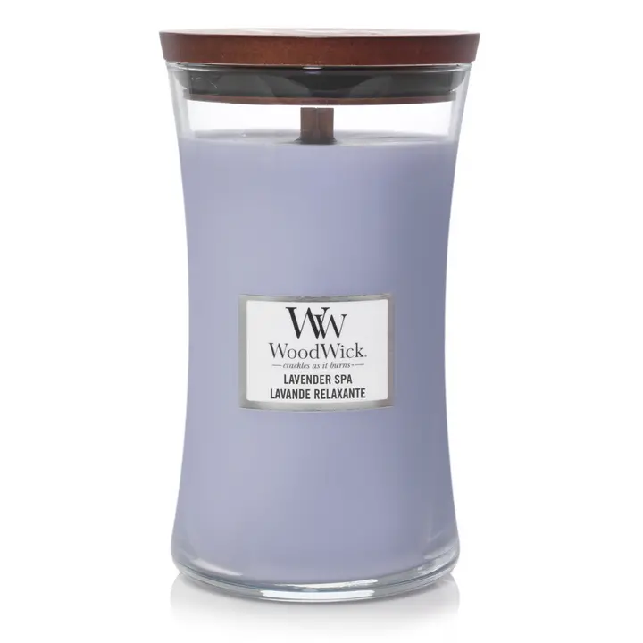 Woodwick Geurkaars Large Lavender Spa - 18 Cm / Ø 10 Cm - Geurkaars In Glas - Houten Lont 1