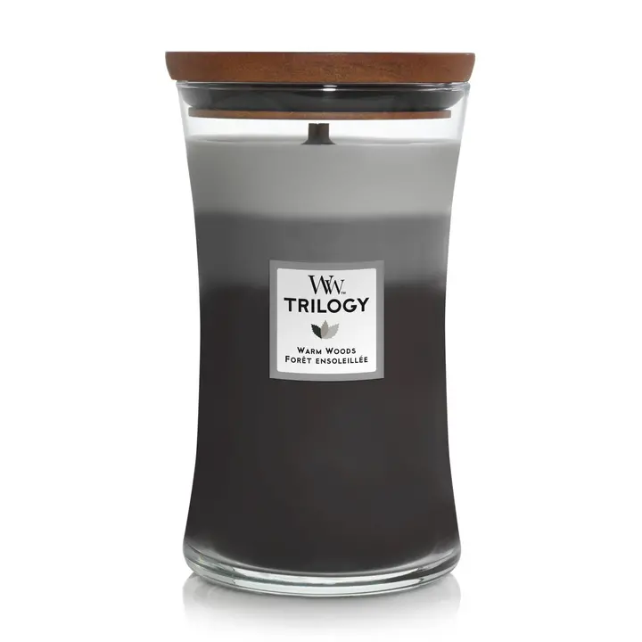 Woodwick Geurkaars Large Trilogy Warm Woods - 18 Cm / Ø 10 Cm - Geurkaars In Glas - Houten Lont 1