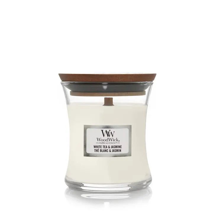 Woodwick Geurkaars Mini White Tea & Jasmine - 8 Cm / Ø 7 Cm - Geurkaars In Glas - Houten Lont 1