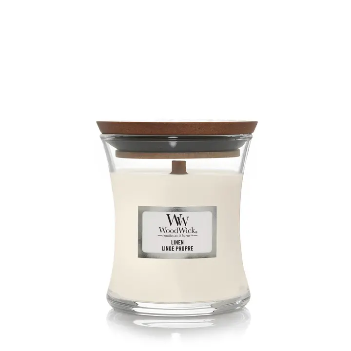 Woodwick Geurkaars Mini Linen - 8 Cm / Ø 7 Cm - Geurkaars In Glas - Houten Lont 1
