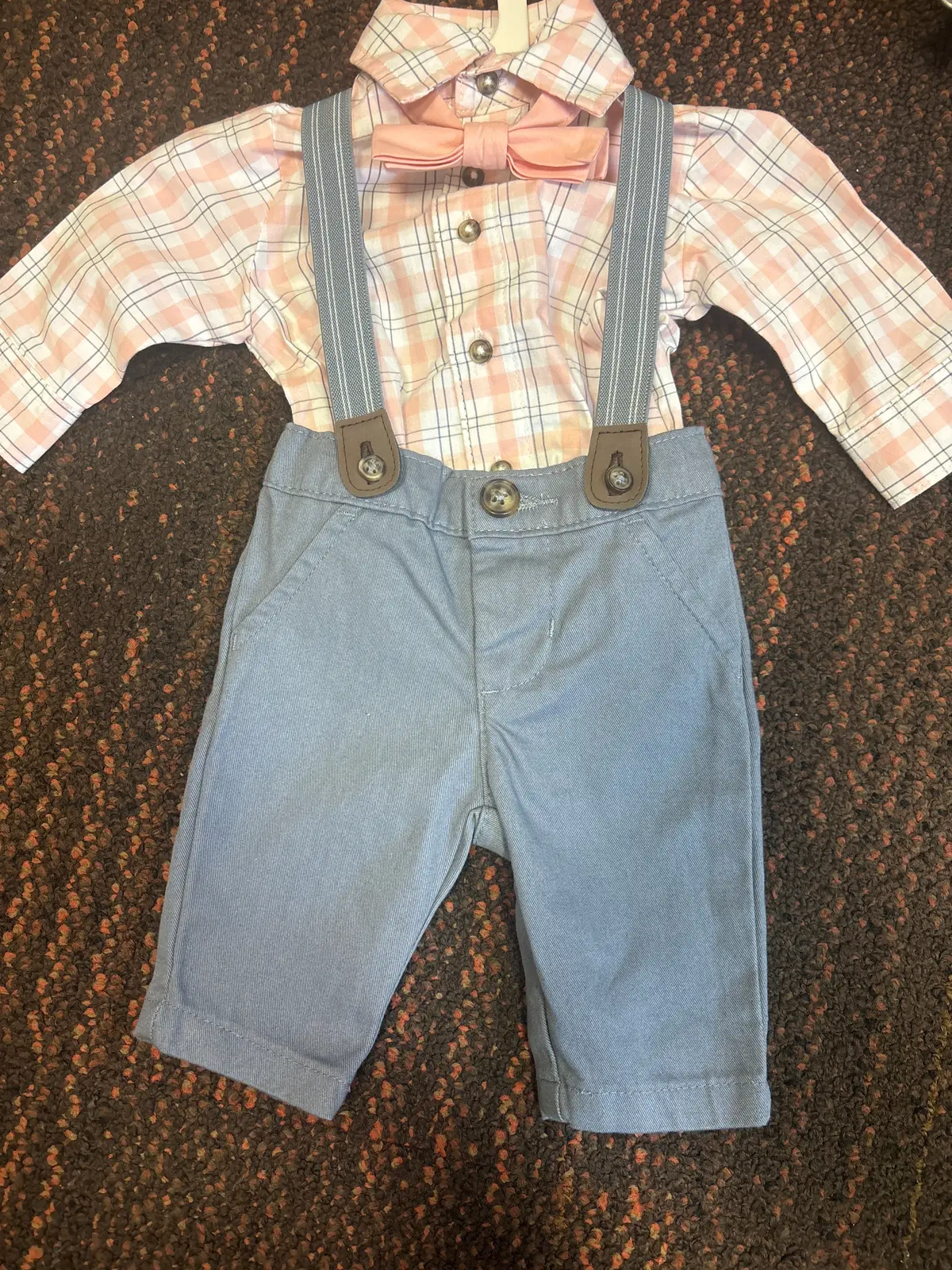 Kids Pink Plaid Onesie And Overalls Set 1