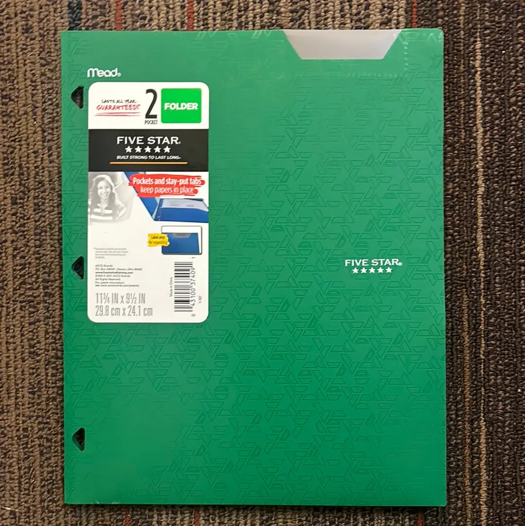 5 Star 2 Pocket Folder With Stay Put Tabs - Green 1