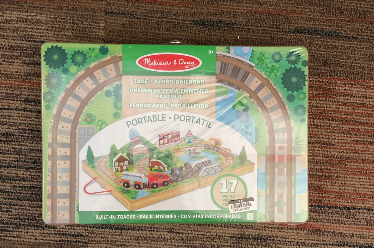Melissa & Doug 17-Piece Wooden Take-Along Tabletop Railroad, 3 Trains, Truck, Play Pieces, Bridge 1