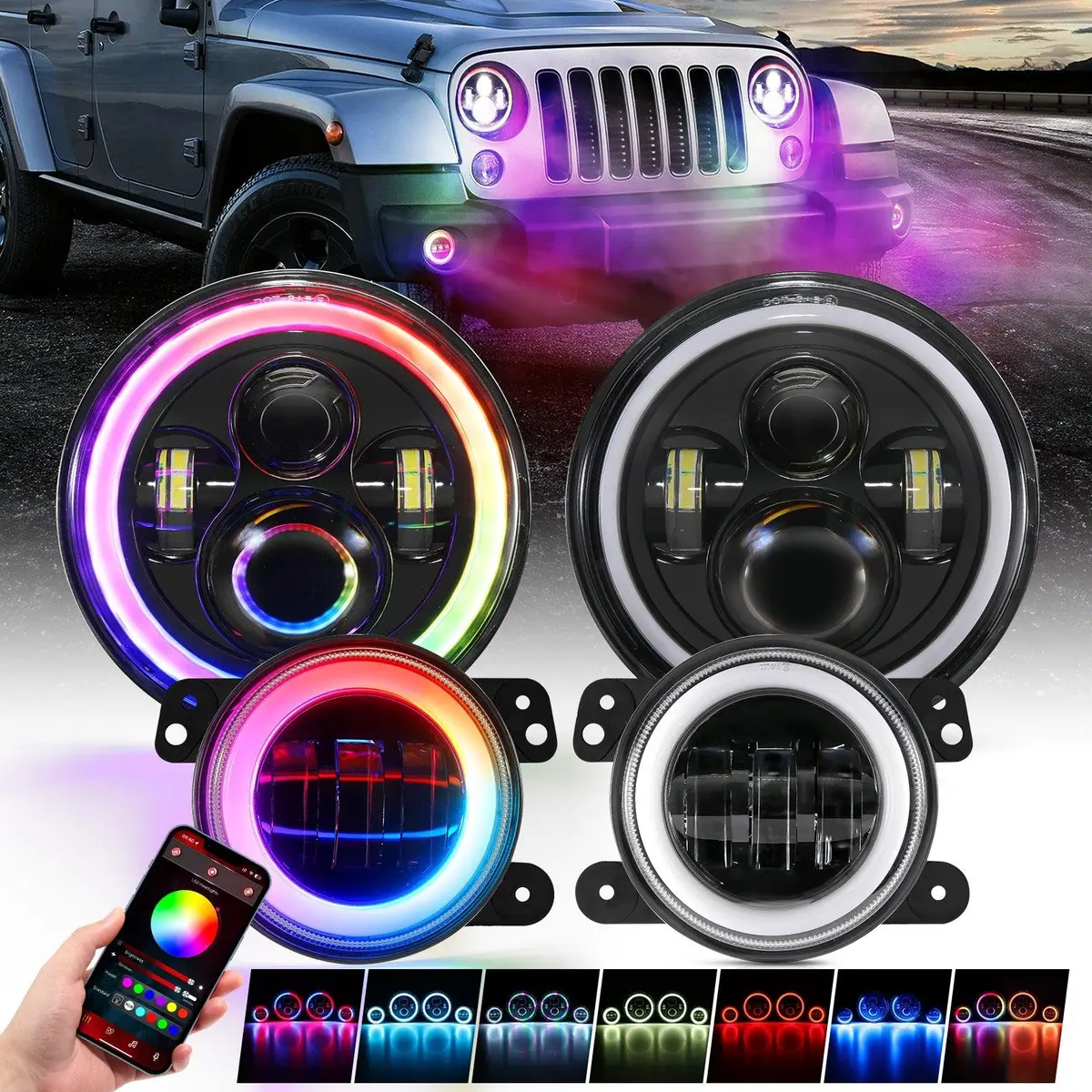 Upgraded Rgb 7 Inch Headlights + 4 Inch Fog Lights Combo For Jeep Wrangler Jk With App Control 1