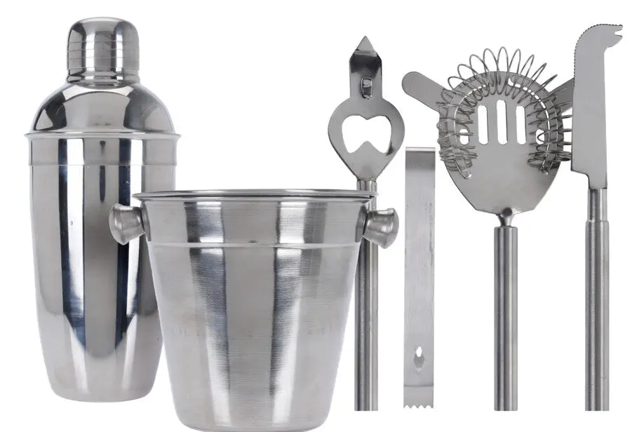 Cookinglife Barset Rvs 6-Delig - Cocktailshaker, Ijsemmer, Zeef, Flesopener, Tang En Mes 1