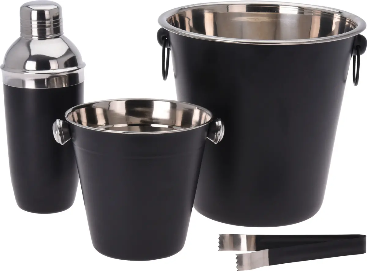 Cookinglife Barset Zwart 4-Delig - Cocktailshaker, Champagnekoeler, Ijsemmer En Tang 1
