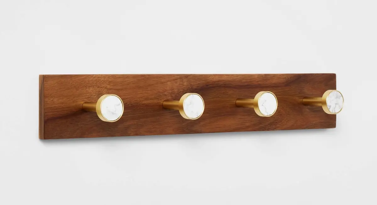 Metal And Faux Marble - 4 Gold Hook Rail On Acacia Wood 1