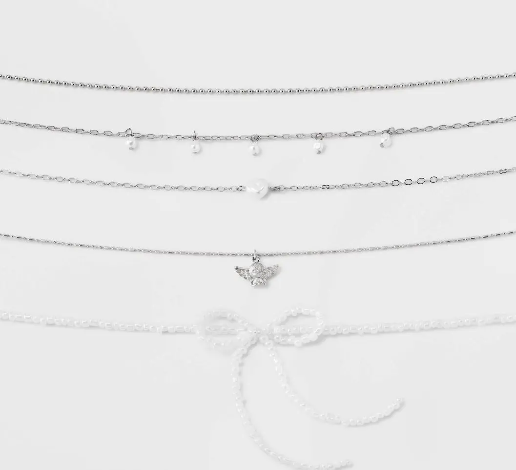 White Bead Bow And Chain With Angel Choker Necklace Set 5Pc - Silver/White 1